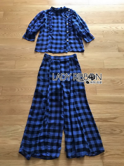 เสื้อตกแต่งระบายและกางเกงลายตารางสีน้ำเงิน-ดำ