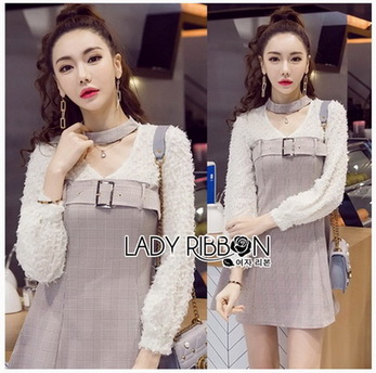 Mini Dress มินิเดรสผ้าลายสก็อตและผ้าชีฟองสีขาว