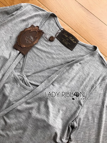 Chic Grey Cotton Lady Ribbon Dress