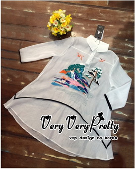 VP05310816 Luxurious White Silk Embroidered Shirt Dress เดรสเชิตงานปักสไตล์วินเทจสวยมาก