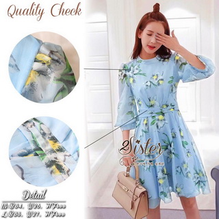 2Sister Made, Sweet Lovely Cuties Blue Wonder Dress เดรสสั้นลุคสาวหวาน ผ้าchiffonพริ้วบางเบาพิมพ์ลายดอกสวยทั้งตัว