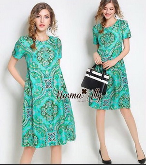 Lady Ribbon Online เสื้อผ้าออนไลน์ขายส่ง Normal Ally เสื้อผ้า,NA01220816 🎉Normal Ally Present flower asian print boutique dress🎉 (เดรส , กระดุมปั้มหลัง)