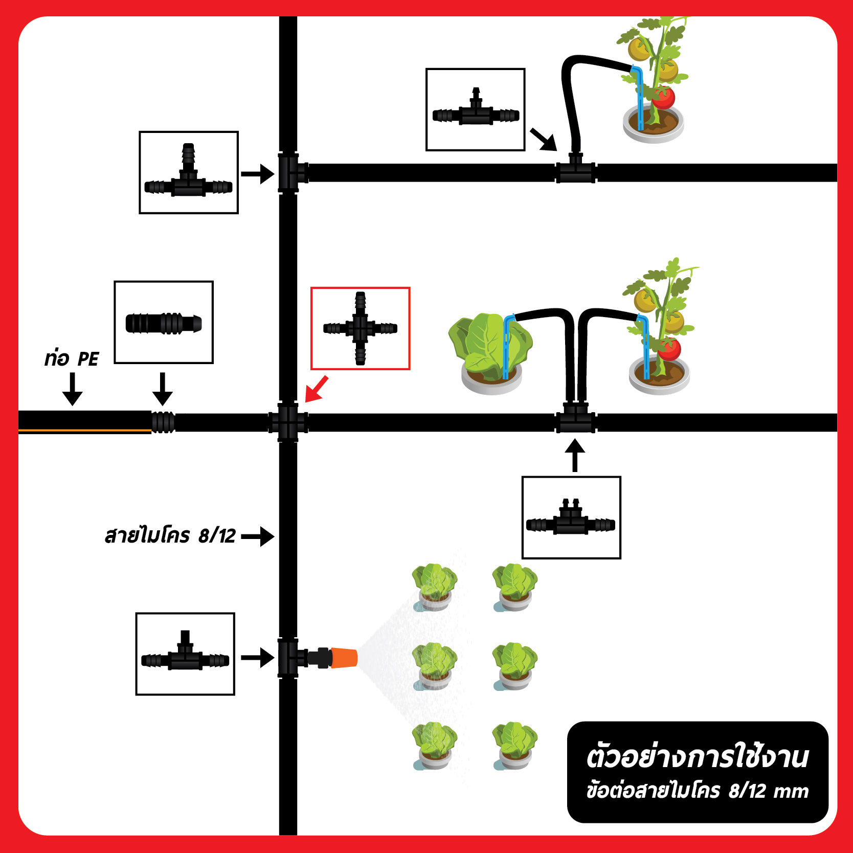 ข้อต่อสายไมโคร สี่ทาง ขนาด 8/12 mm (แพ็ค 20 ชิ้น)