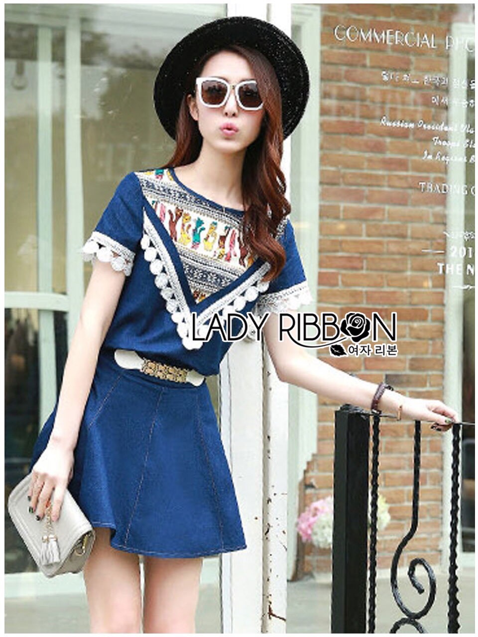 Lady Ribbon ขายส่ง LR13260516 🎀 Lady Ribbon's Made 🎀 Lady Delfina Tribal Chic Printed Lace and Denim Set