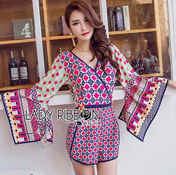 Lady Ribbon Online ขายส่งเสื้อผ้าออนไลน์ของแท้ LR09070716 🎀 Lady Ribbon's Made 🎀 Issue Cassandra Colourful Printed Kimono Playsuit