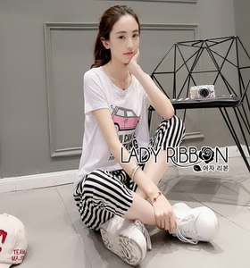 T-Shirt and Lady Ribbon Striped Pants Set