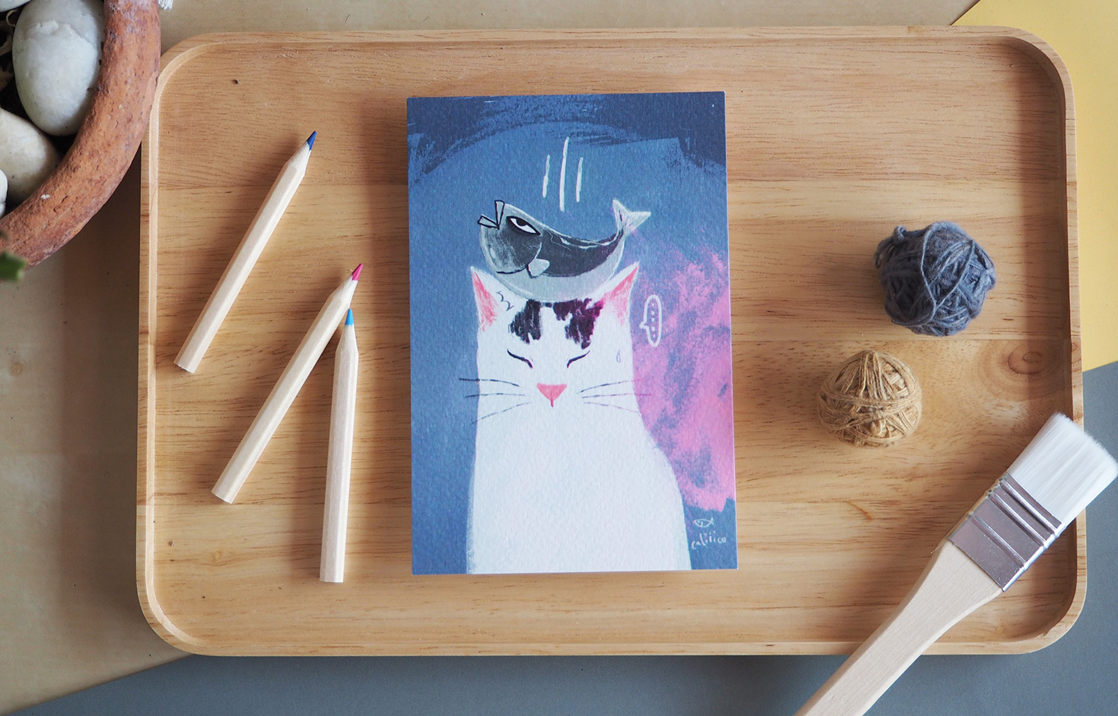 โปสการด์ ลายแมวปลาร่วง Cat tuna fall illustration postcard 4x6 inch