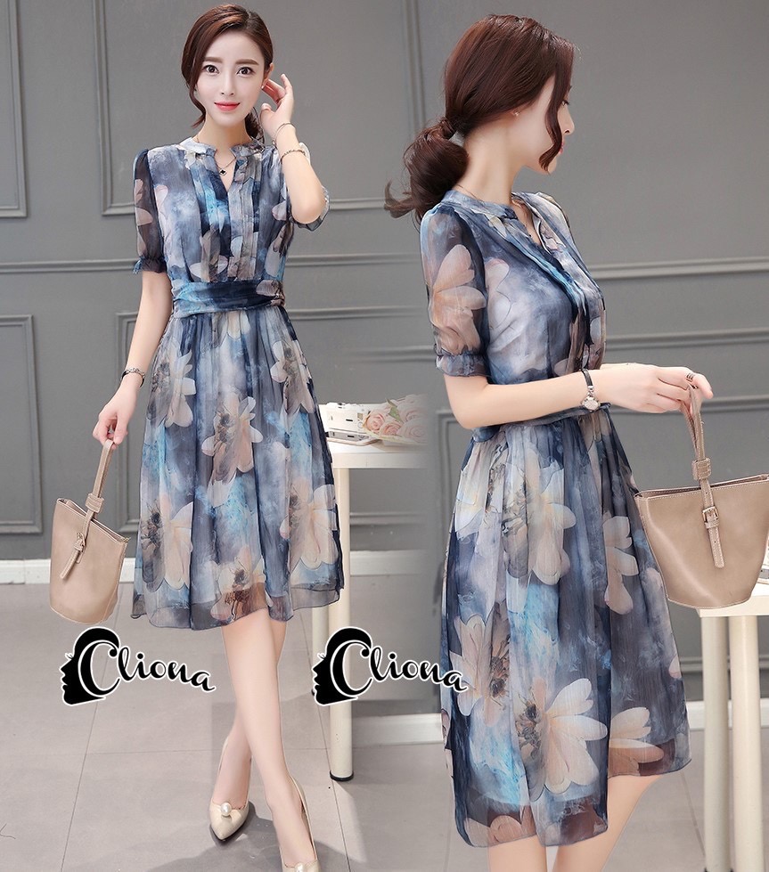 CN10010916 Cliona Made' Water Drawing Dress - เดรสผ้าชีฟอง