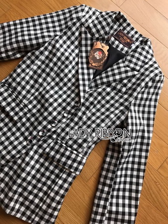 Chic Black and White Lady Ribbon Checked Suit