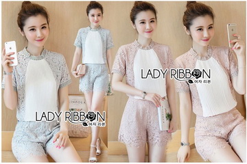 Lady Ribbon Online ขายส่งเสื้อผ้าออนไลน์ของแท้ LR15070716 🎀 Lady Ribbon's Made 🎀 Lady Bella Casual Feminine Pleated Chiffon and Lace Ensemble Set