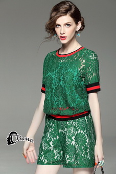 Lady Ribbon Online เสื้อผ้าออนไลน์ขายส่ง Cliona เสื้อผ้า CN06150816 Cliona Made' DG Spring Summer Green Lace Top + Short Set