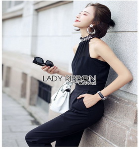 Black Crepe Jumpsuit Lady Ribbon จั้มป์สูทสีดำ