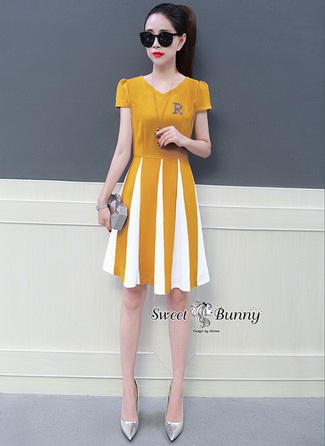 ชุดเดรสเกาหลีผ้าพื้นสีชมพู,สีเหลืองสีฟ้า