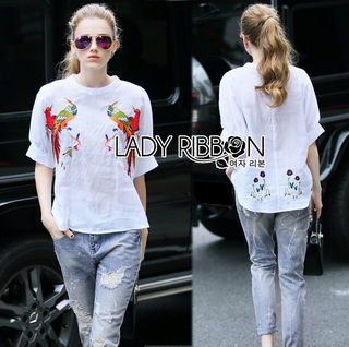 Lady Ribbon Online เสื้อผ้าพร้อมส่ง พร้อมส่งเลดี้ริบบอน LR14080816 🎀Lady Ribbon's Made 🎀Lady olivia Embroidered colorful parrot Cotton Shirt in White