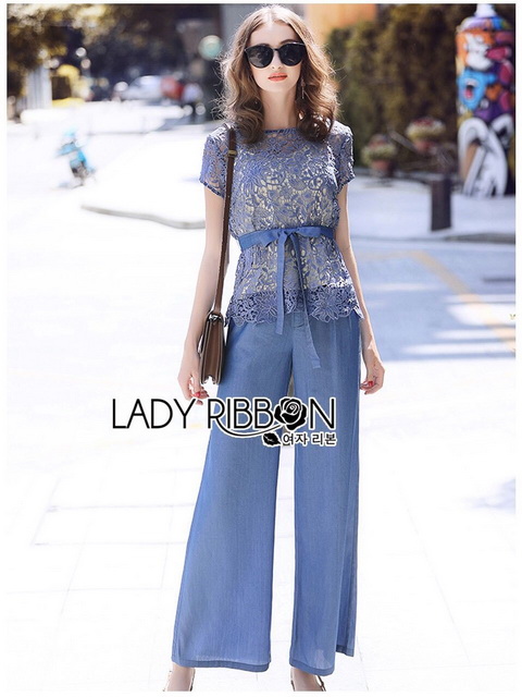 เซ็ตเสื้อผ้าลูกไม้ตกแต่งริบบิ้นพร้อมกางเกงขายาวสีน้ำเงินยีนส์