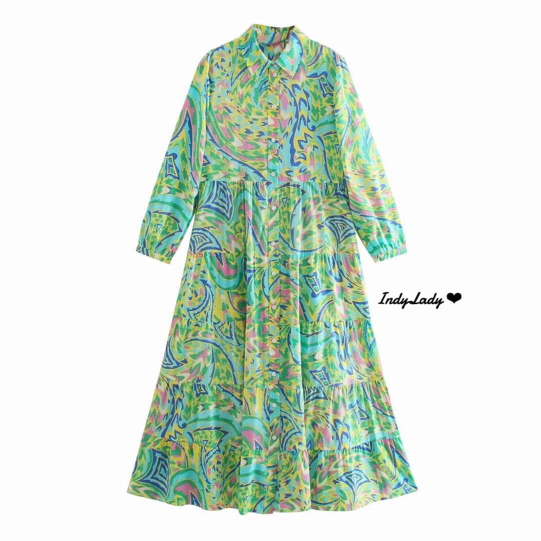 Maxi Dress แขนยาว คอปก