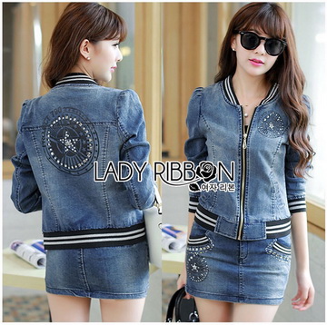 Lady Ribbon Online ขายส่ง เสื้อผ้าออนไลน์ ของแท้ ราคาถูกพร้อมส่ง เลดี้ริบบอน LR11140716 🎀 Lady Ribbon's Made 🎀 Lady Olivia Sexy Sporty Zippy Denim Jacket and Skirt with Belt