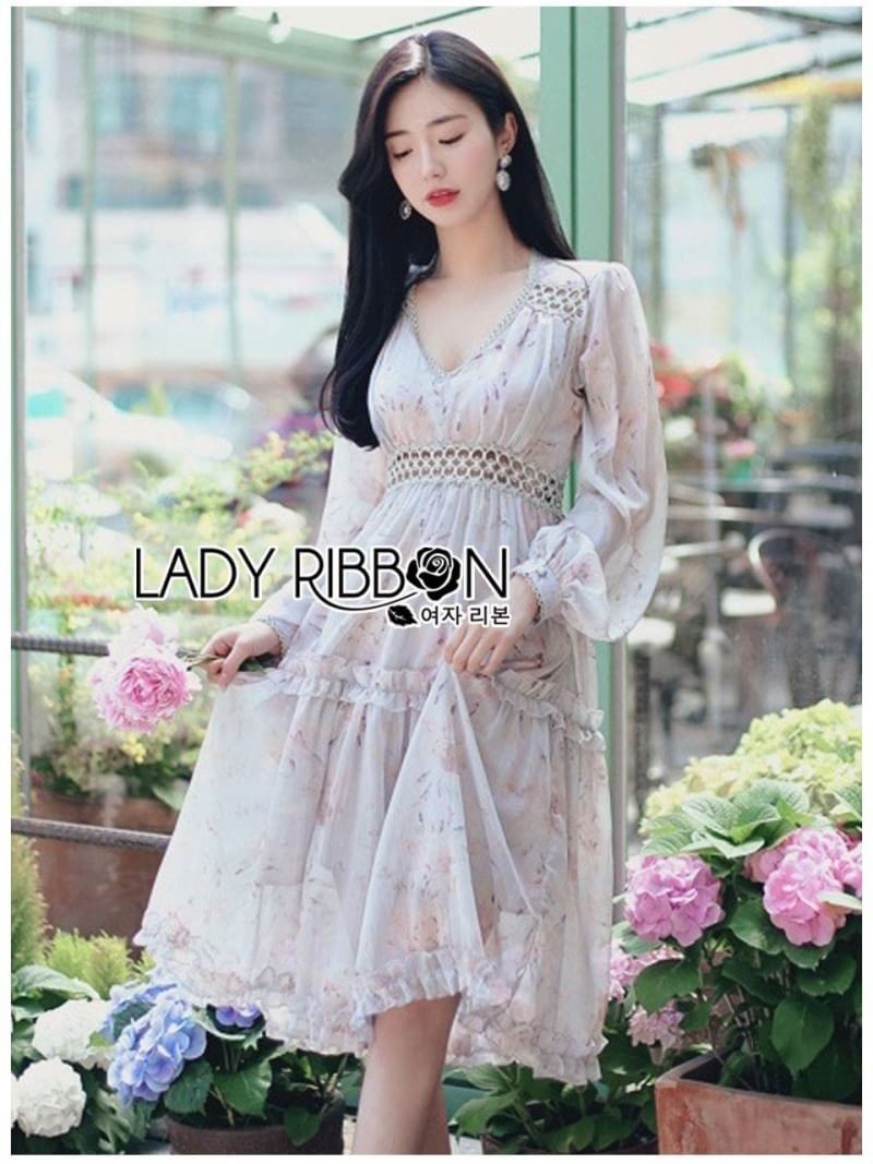 Dress เดรสผ้าชีฟองพิมพ์ลายดอกไม้ตกแต่งระบายสไตล์เฟมินีน