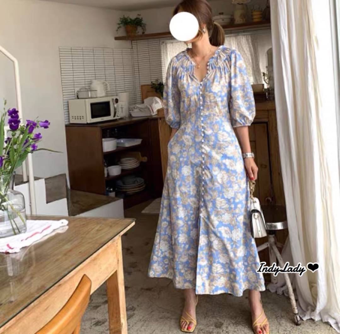 Maxi Dress แขนสั้น ลายดอกไม้