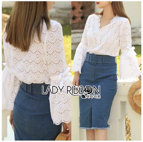 เสื้อผ้าคอตตอนฉลุลายตกแต่งริบบิ้น