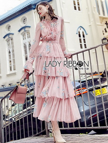 Lady Jill Printed Layered Pink Chiffon Dress