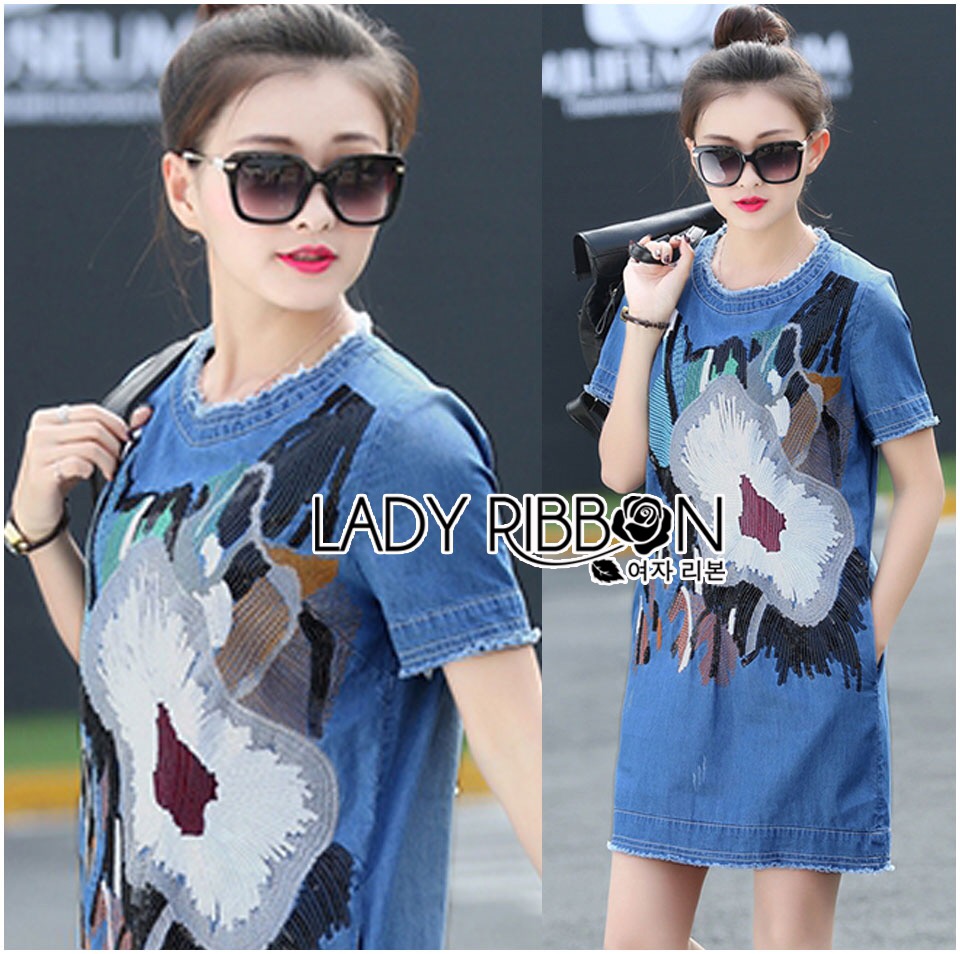 Lady Ribbon's Made 🎀 Lady Sophie Sequin Embroidered Ripped Denim Dress เดรสผ้าเดนิม