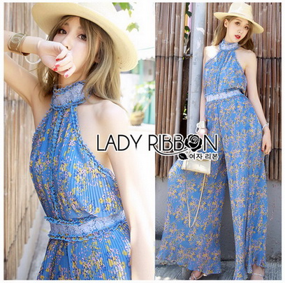 Jumpsuit จัมป์สูทผ้าพลีตสีน้ำเงินพิมพ์ลายทรงเปิดหลัง