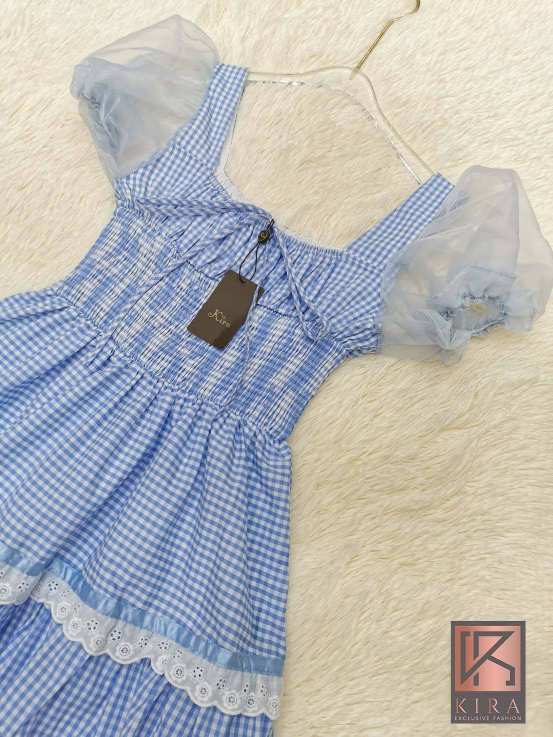 เดรสลายสก็อต แต่งเเขนทรงตุ๊กตา