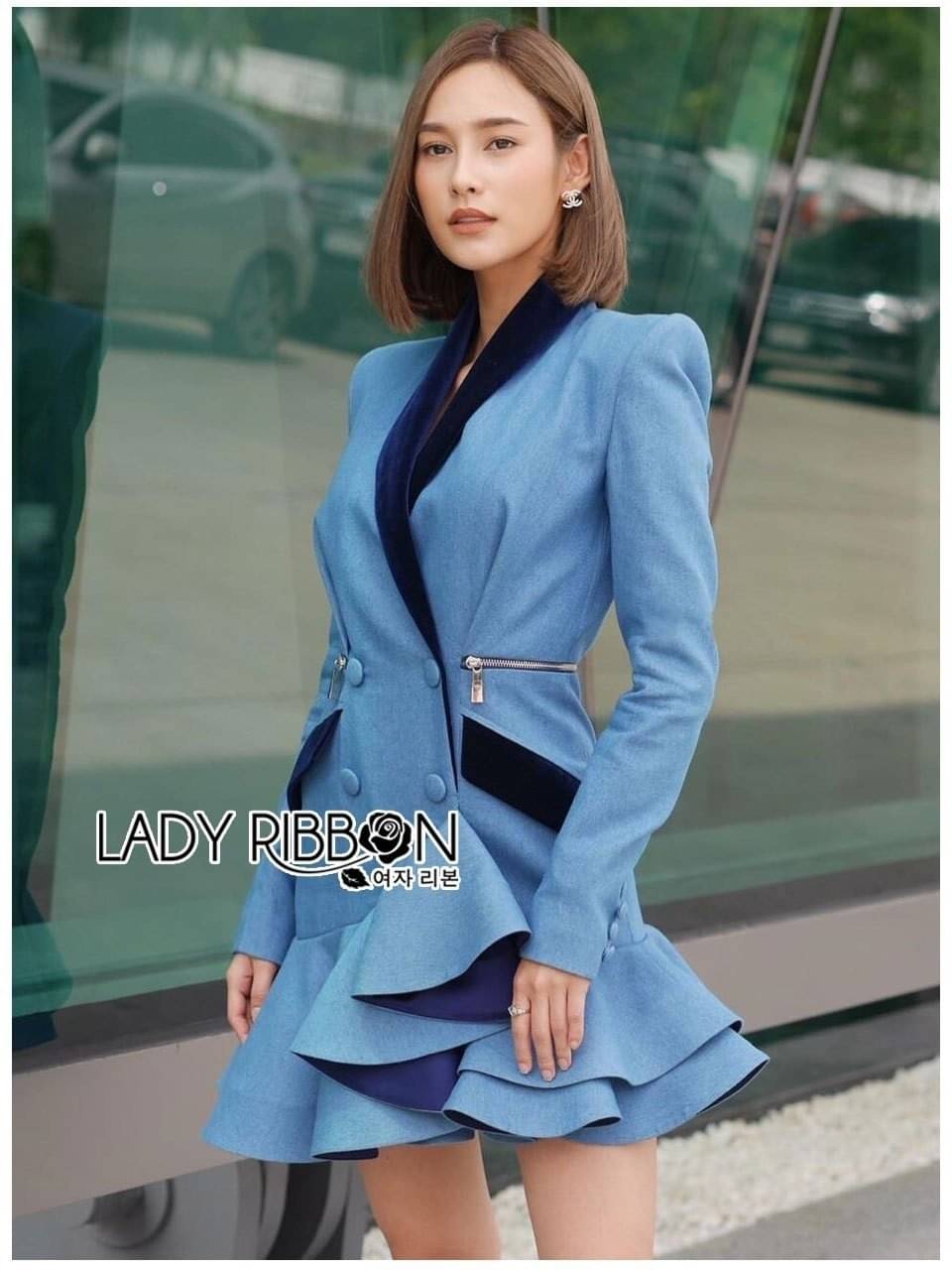 มินิเดรสสีฟ้าสโตนแขนยาว