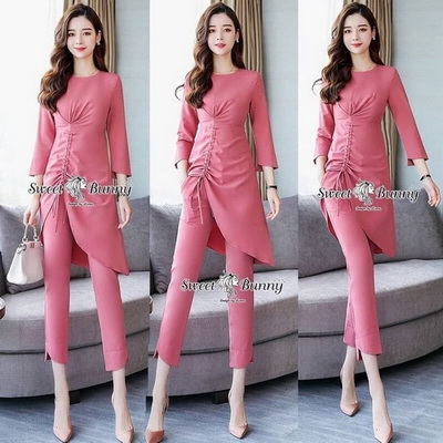 ผ้าพื้นงานเกาหลีทั้งชุดผ้ายืดสีชมพูสวยหวาน