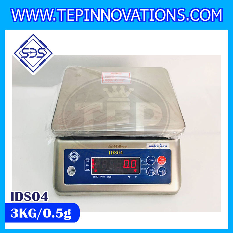 เครื่องชั่งกันน้ำ ตั้งโต๊ะ พิกัดน้ำหนัก 3Kg อ่านค่าละเอียด 0.5g เครื่องชั่งดิจิตอล3000g เครื่องชั่งกันน้ำ3000g ตาชั่งสแตนเลส3000g เครื่องชั่งน้ำหนัก3000g ยี่ห้อ SDS รุ่น IDS04-3K