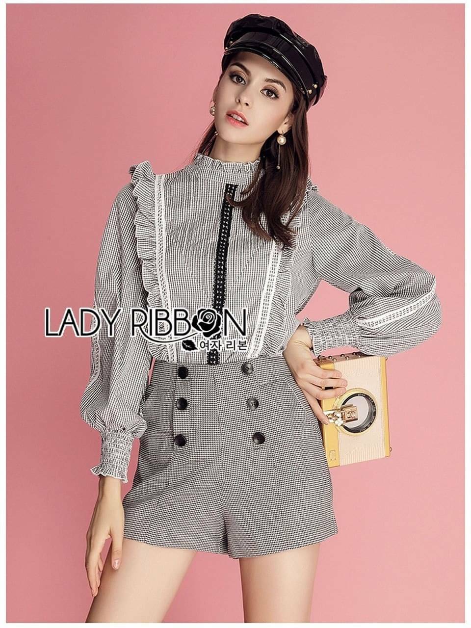 เซ็ตเสื้อแขนยาวผ้าลายสก็อตตกแต่งระบาย