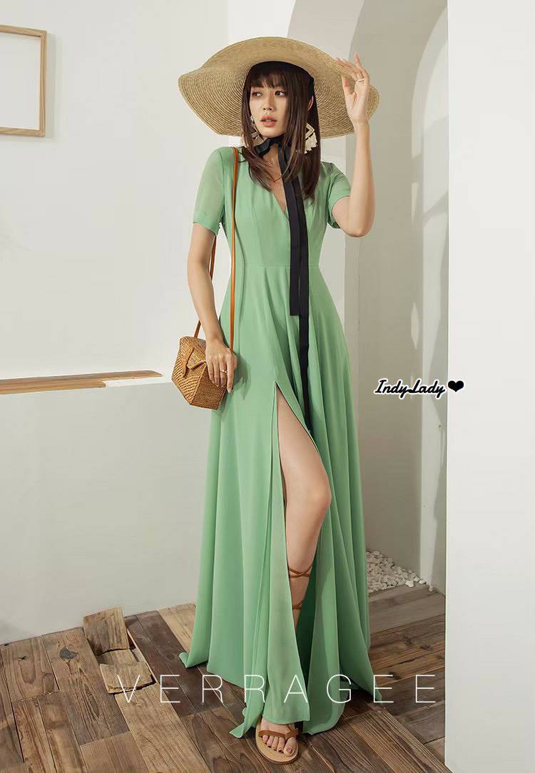 Maxi Dress คอวีไขว้หน้า ซิปข้าง