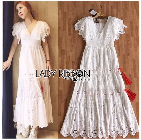 Dress เดรสยาวผ้าคอตตอนสีขาวปักและฉลุลายดอกไม้