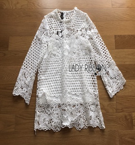 Lady Ribbon White Lace Long Blouse