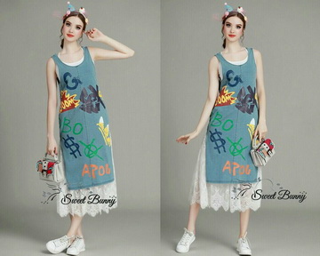Lady Ribbon Online เสื้อผ้าออนไลน์ online ขายส่ง เลดี้ริบบอน Sweet Bunny เสื้อผ้า SW07280716 Sweet Bunny Present... Denim Print Maxi Dress