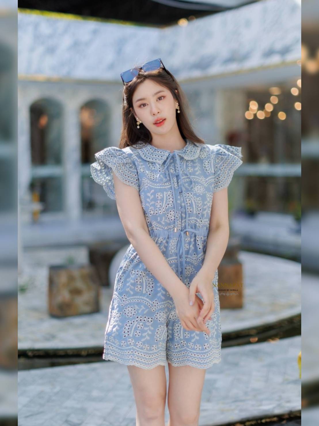 เพลสูทกระดุมหน้า เชือกรูดเอว แขนระบายสวย