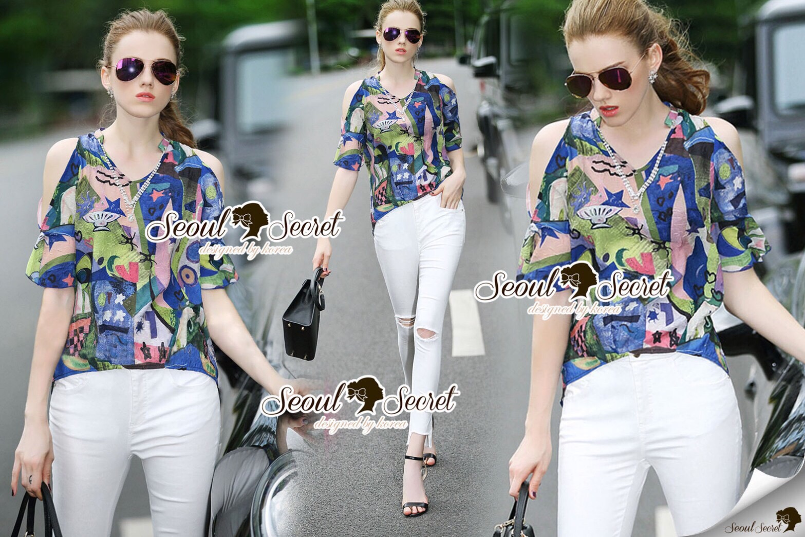 Lady Ribbon Online SS21020616 Seoul Secret Say's... Variously Color Print OpenShoulder Blouse Diamond Neckless Furnish