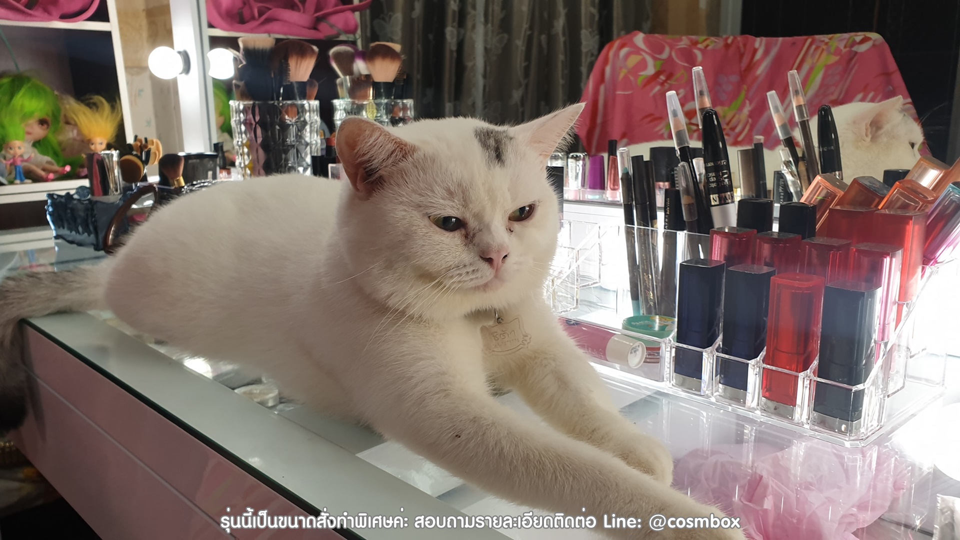โต๊ะเครื่องแป้ง กระจกมีไฟ - 190 x 45 x 165 cm. TOP กระจกใส พื้นลิ้นชักกระจกเงา