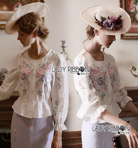 Lady Ribbon Rose Embroidered Peplum Top เสื้อผ้าคอตตอน