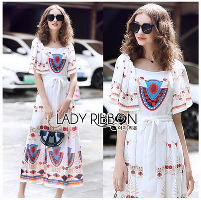 Dress เดรสผ้าเครปสีขาวพิมพ์ลายสีสดใส