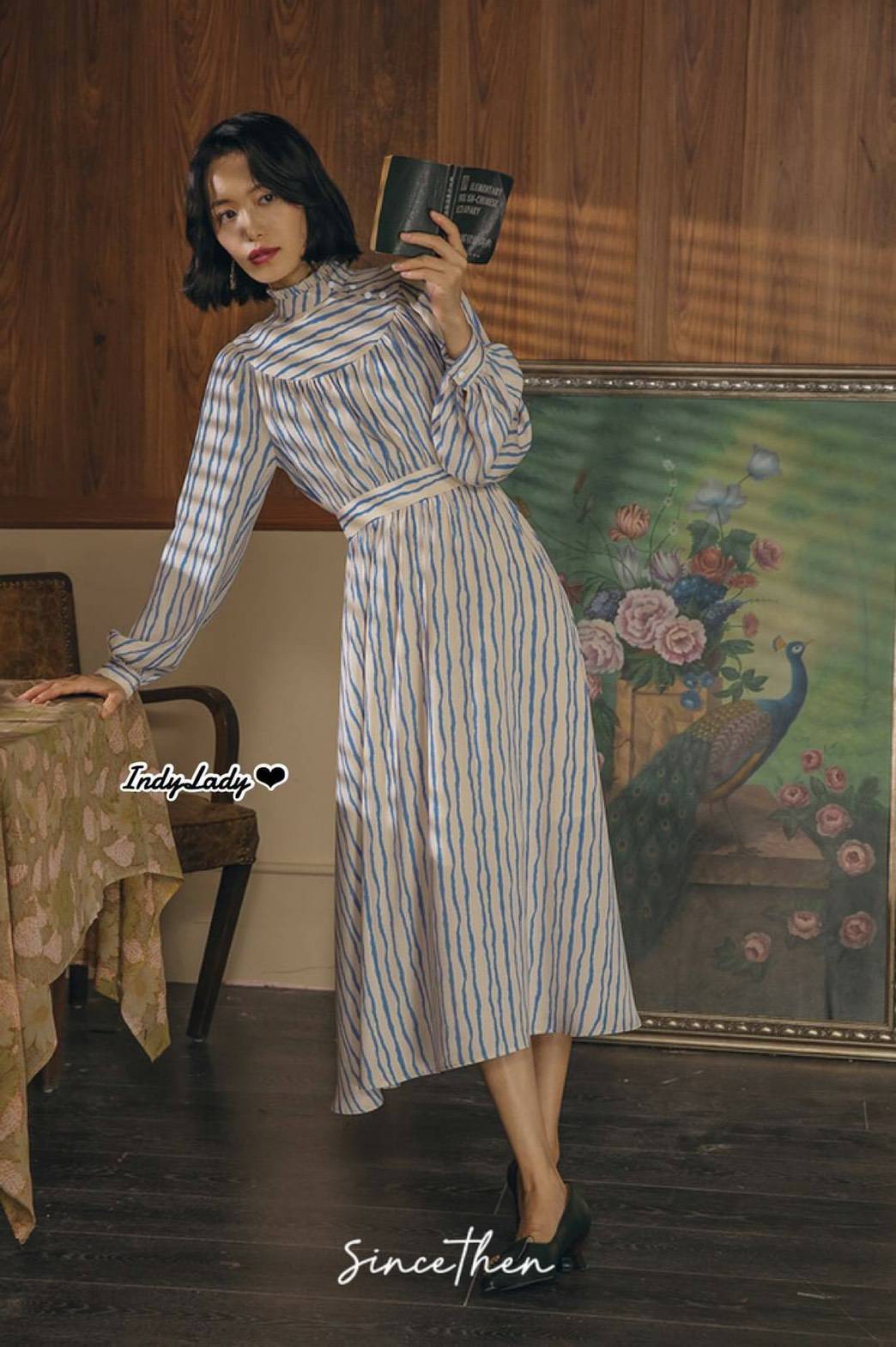 Dress ทรงสวย ลายริ้ว แขนยาวพอง