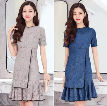 dress เดรสลูกไม้ทอลายสวย ทรงแขนสั้นชายกระโปรงระบายหวาน