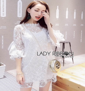 Classic White Lace Dress Lady Ribbon เดรสผ้าลูกไม้สีขาว
