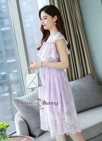 ชุดเดรสลูกไม้เกาหลี เดรสแขนกุดอกระบาย