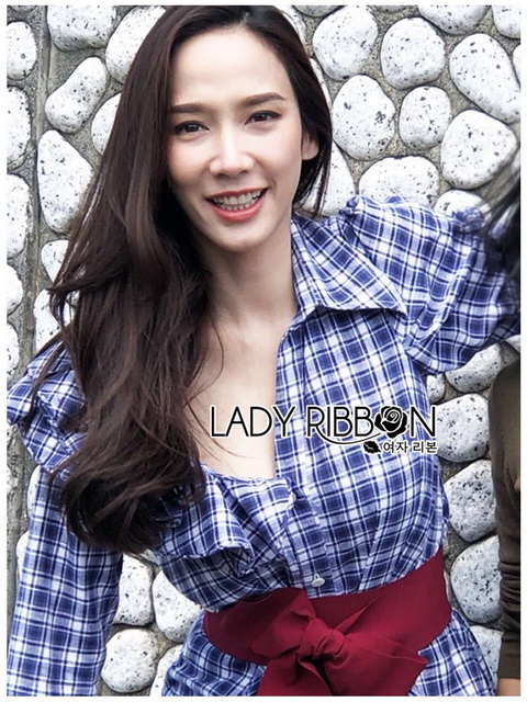 Dress with Red Ribbon เชิ้ตเดรสยาวลายสก็อตสีนํ้าเงิน