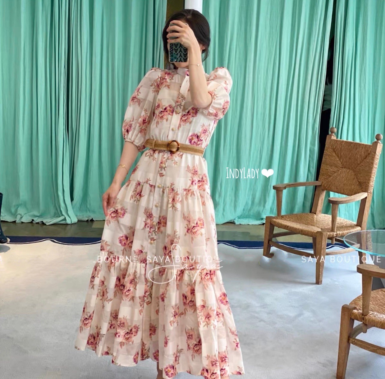 Dress ยาวแขนสั้น พิมพ์ลาย
