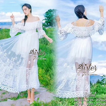 แม็กซี่เดรสสีขาวลุคแขนบานสวย