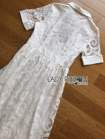 Lady Fiona Sweet Feminine White Lace Midi Shirt Dress
