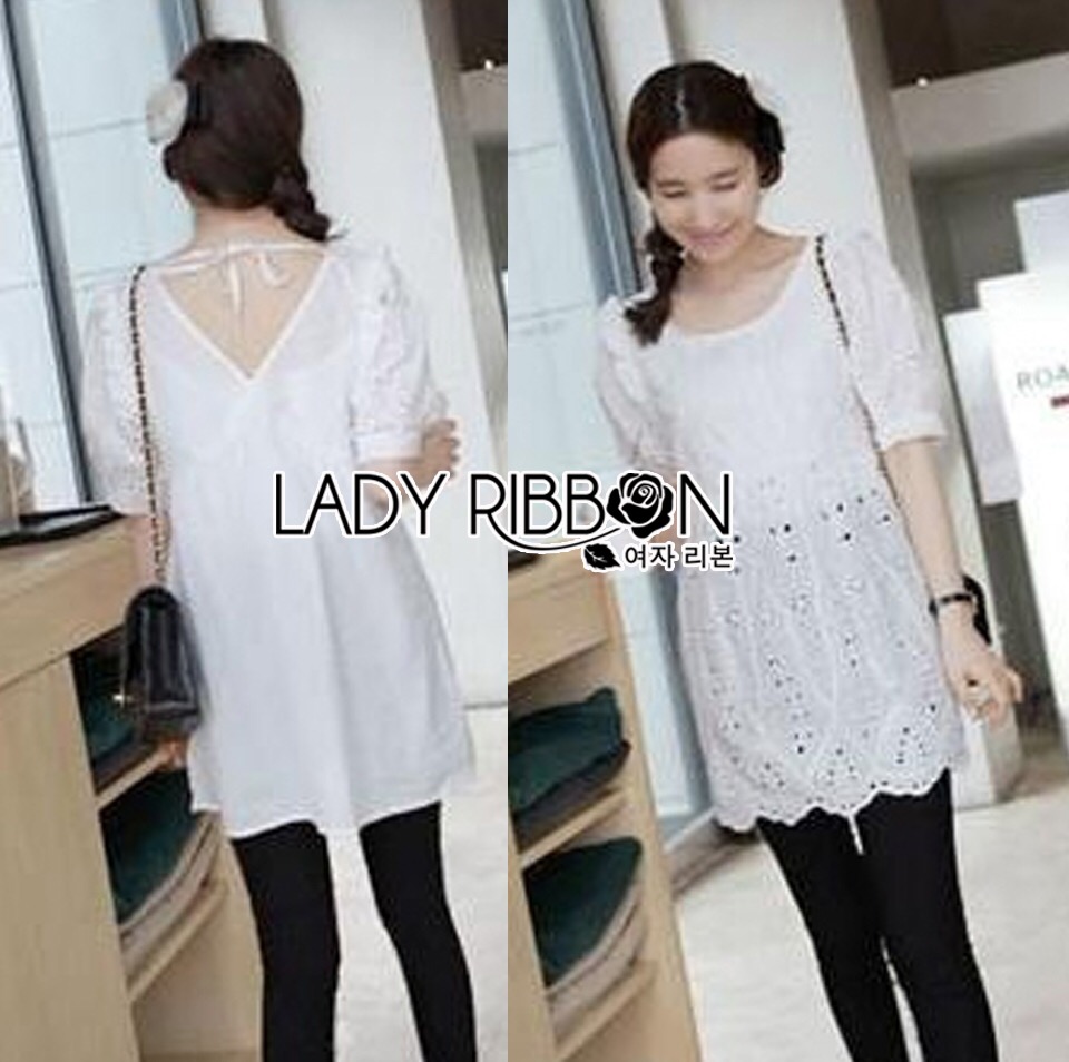 Ladyribbon Lady Ribbon เสื้อผ้าราคาส่ง เสื้อผ้า Lady Ribbon ราคาส่ง เลดี้ริบบอน LR06260216 🎀 Lady Ribbon's Made 🎀 Ribbon V-back White Leaf Embroidery Blouse